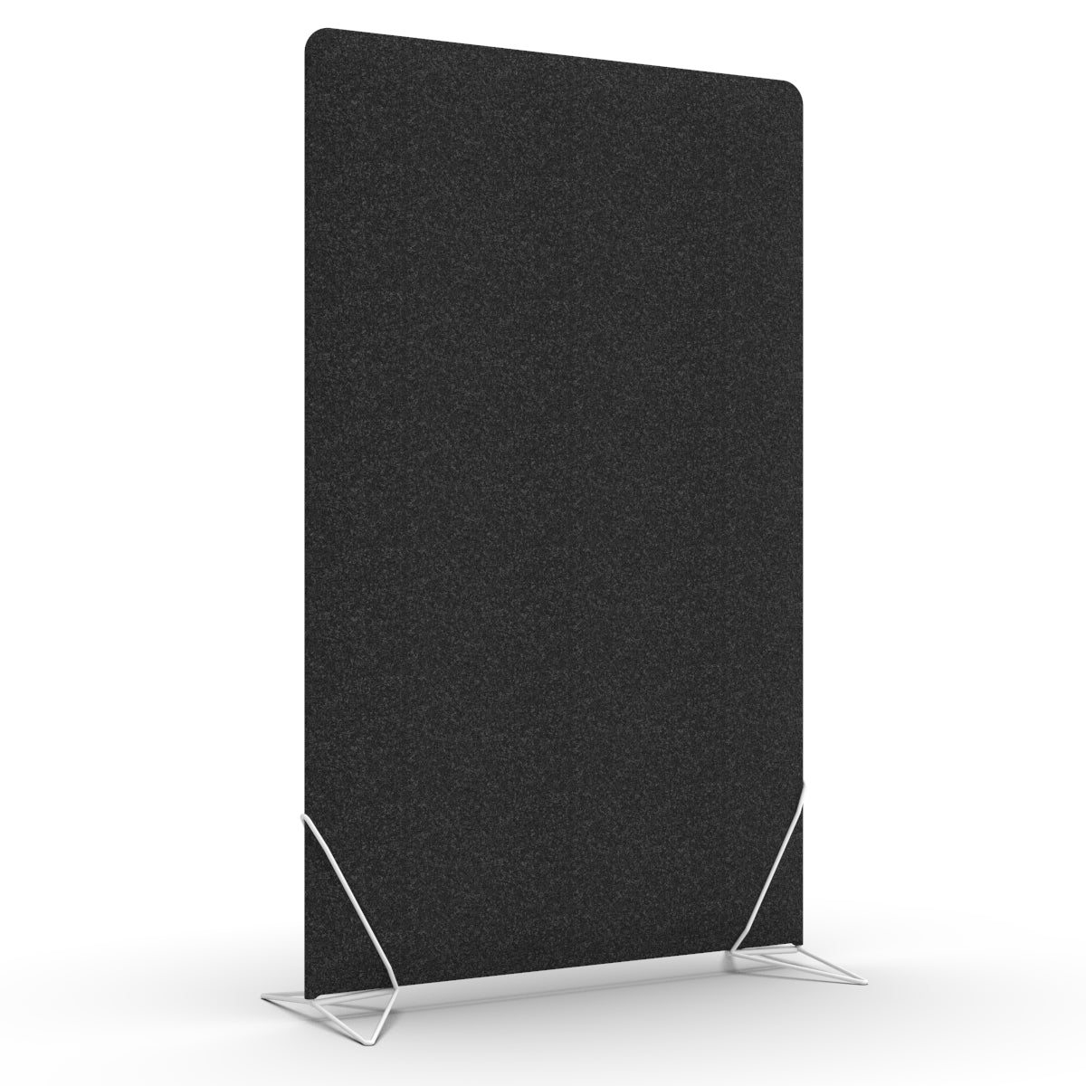 Free standing sound absorber and office divider in black melange with white slide on feet. Avskjerming og lyddemping på kontor