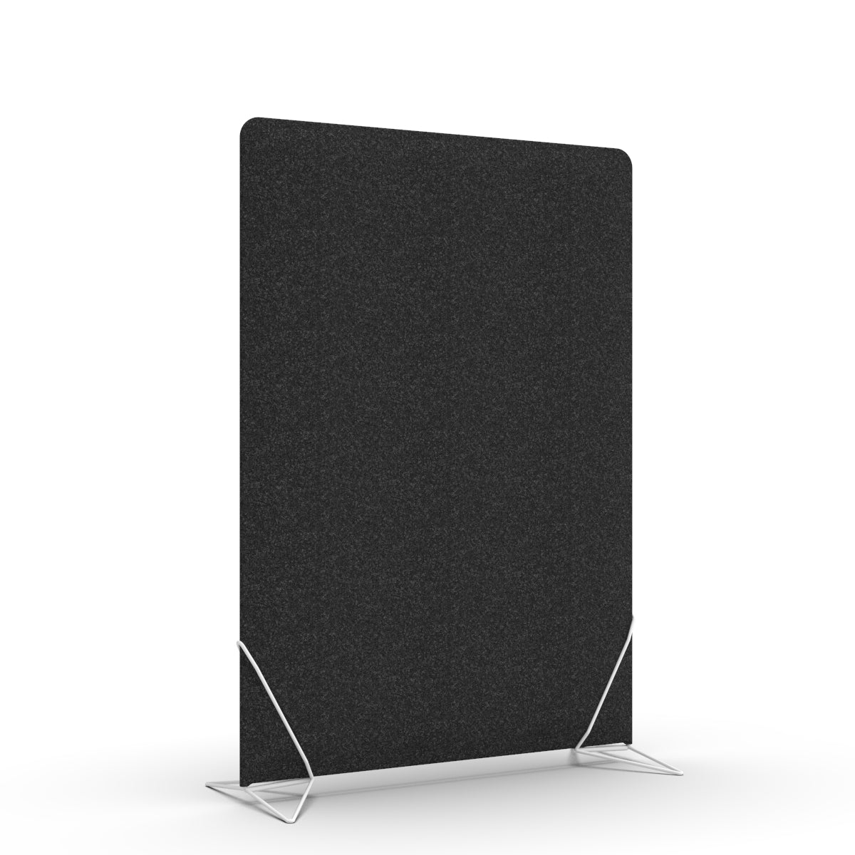Free standing sound absorber and office divider in black melange wool felt with white slide on feet. Avskjerming og lyddemping på kontor