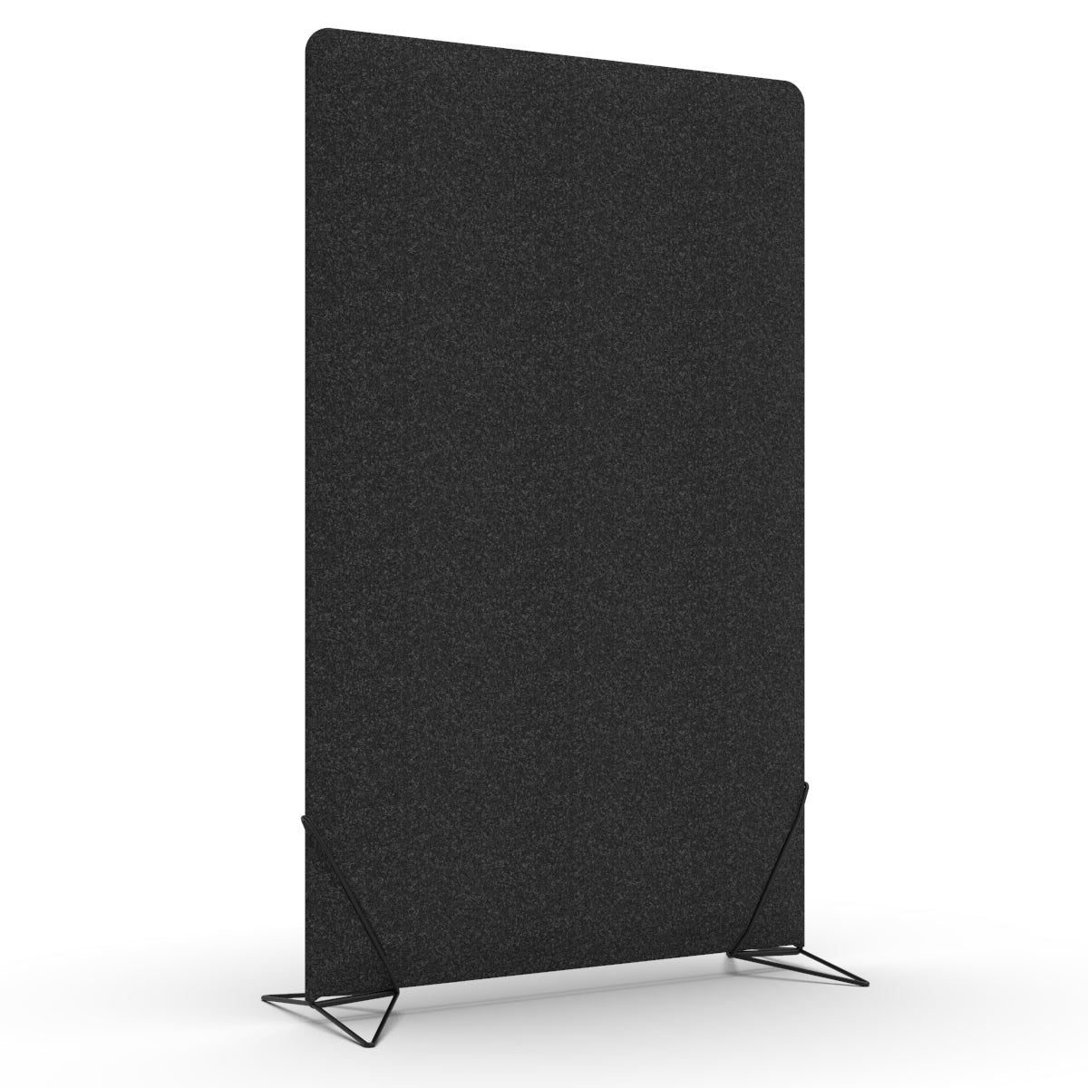 Free standing sound absorber and office divider in black melange wool felt with black slide on feet. Avskjerming og lyddemping på kontor