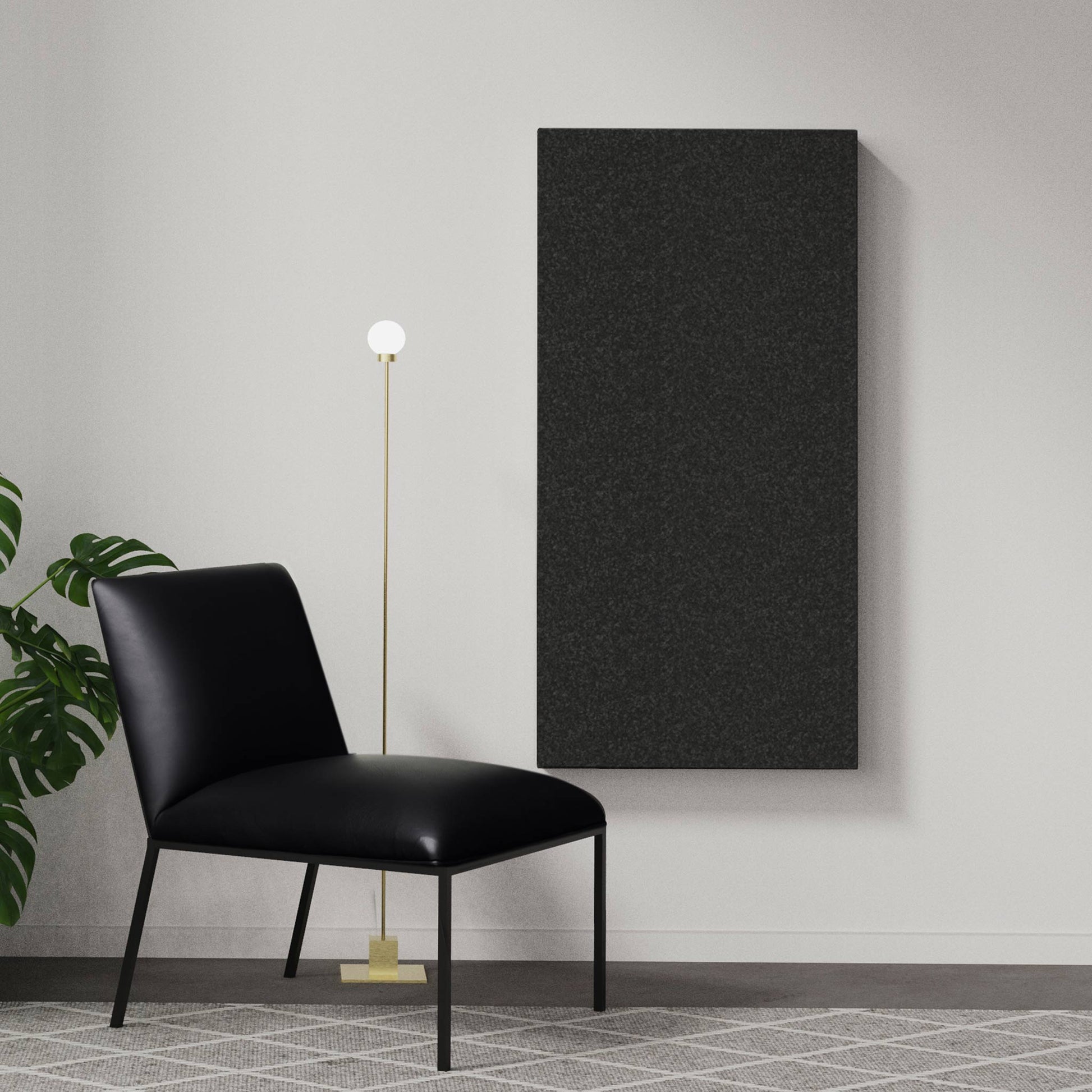 Black melange sound absorber in a modern home interior. Akustikkplater og lyddemping vegg 