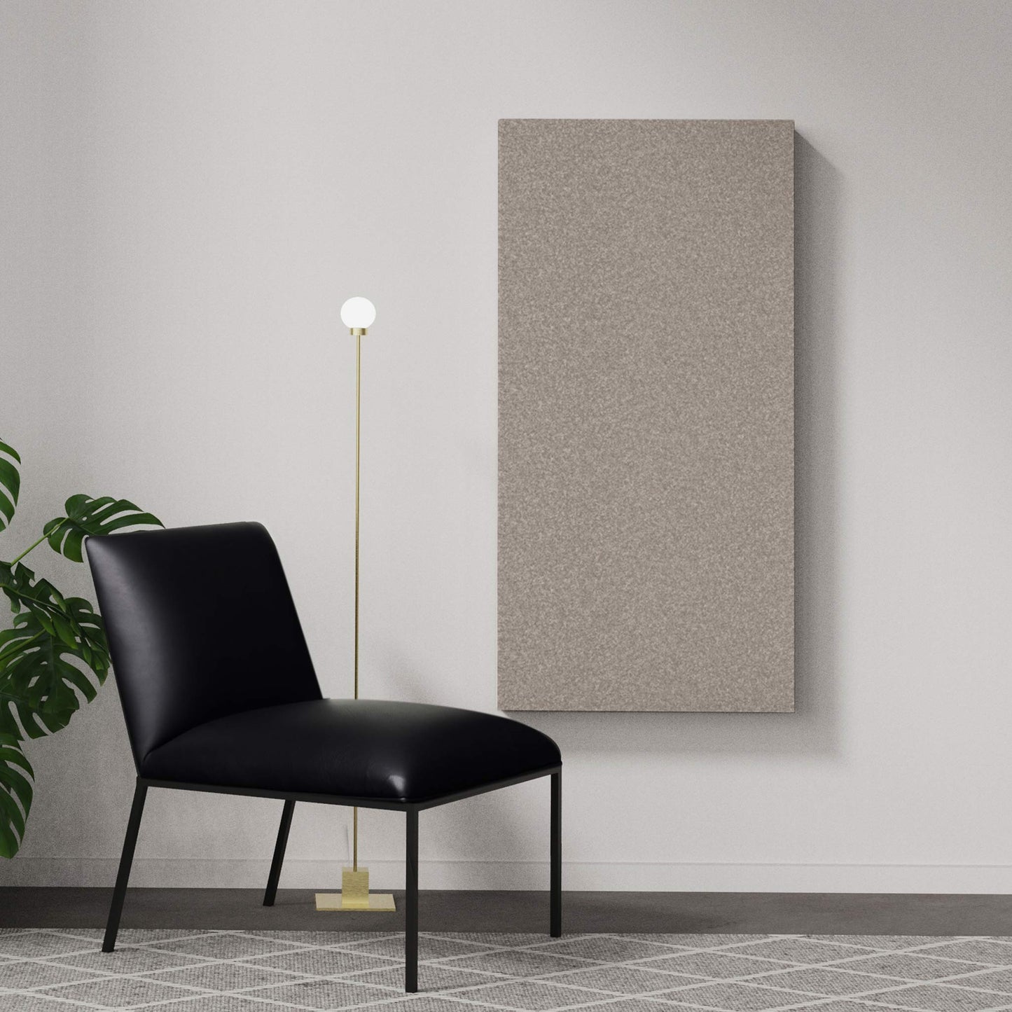 Getting rid of noise at home with a dark beige sound absorber from Rom and Tonik. Akustikkplater og lyddemping vegg