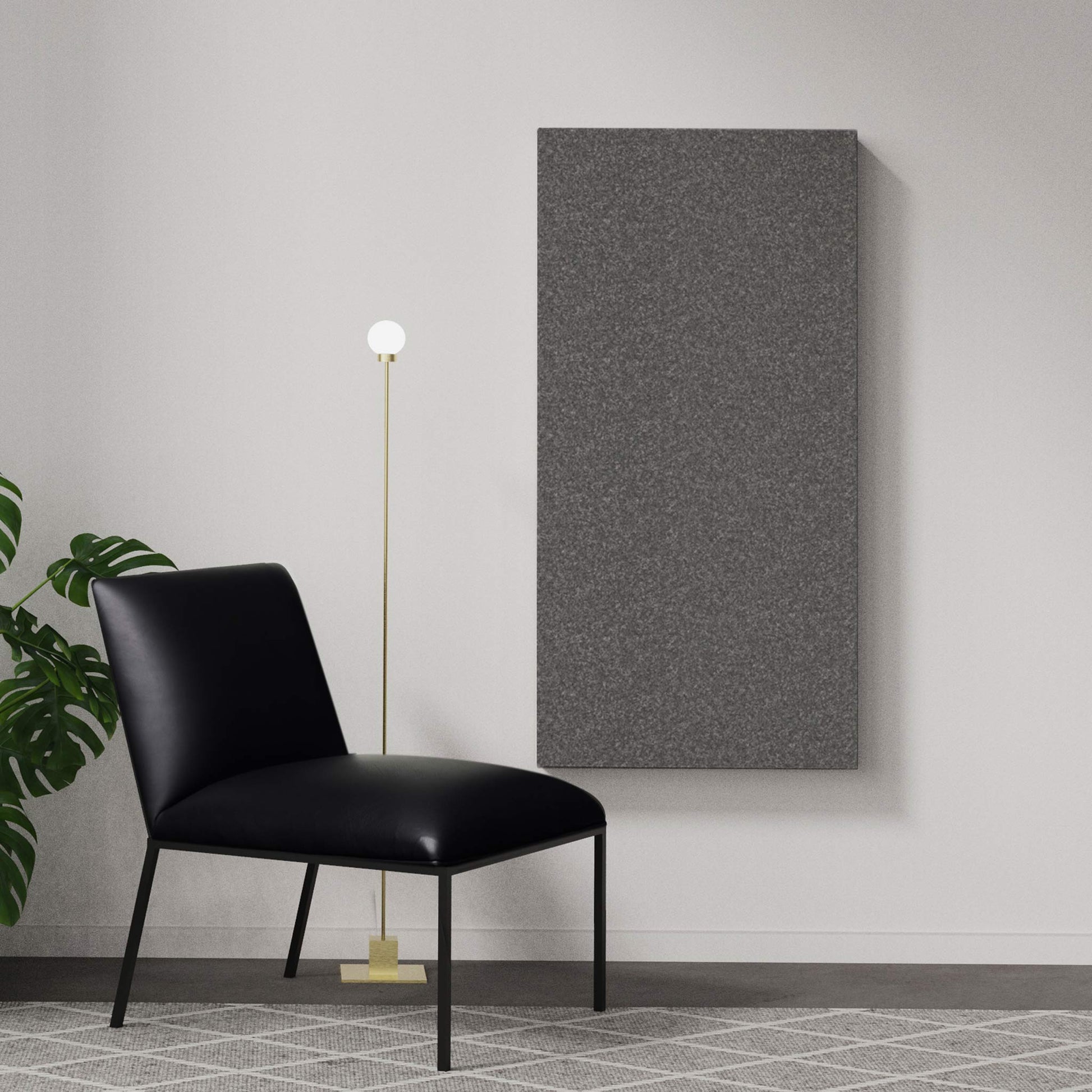 Dark grey wall sound absorber in a modern home interior. Akustikkplater og lyddemping vegg