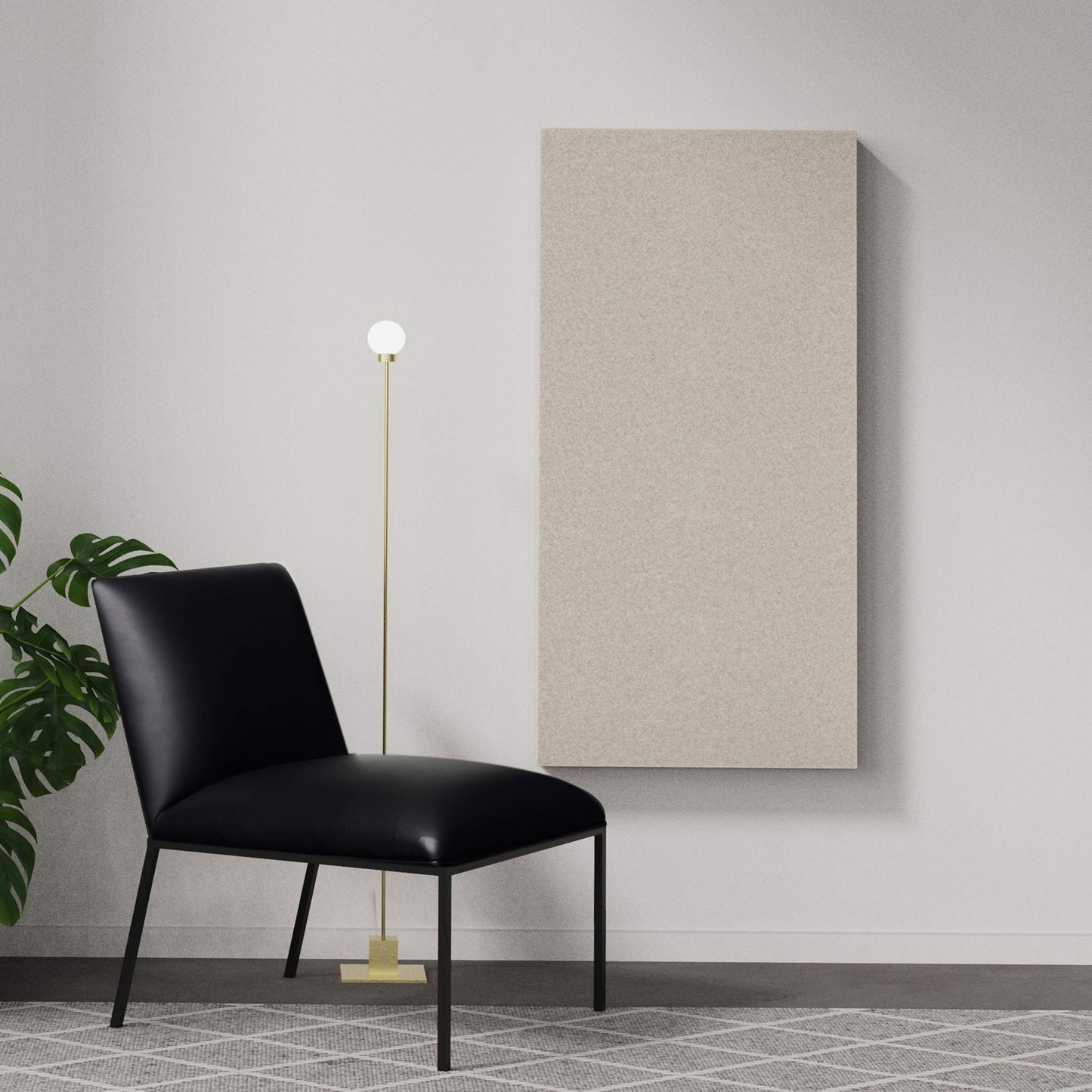 Dark beige wall sound absorber in a modern house interior. Akustikkplater og lyddemping vegg