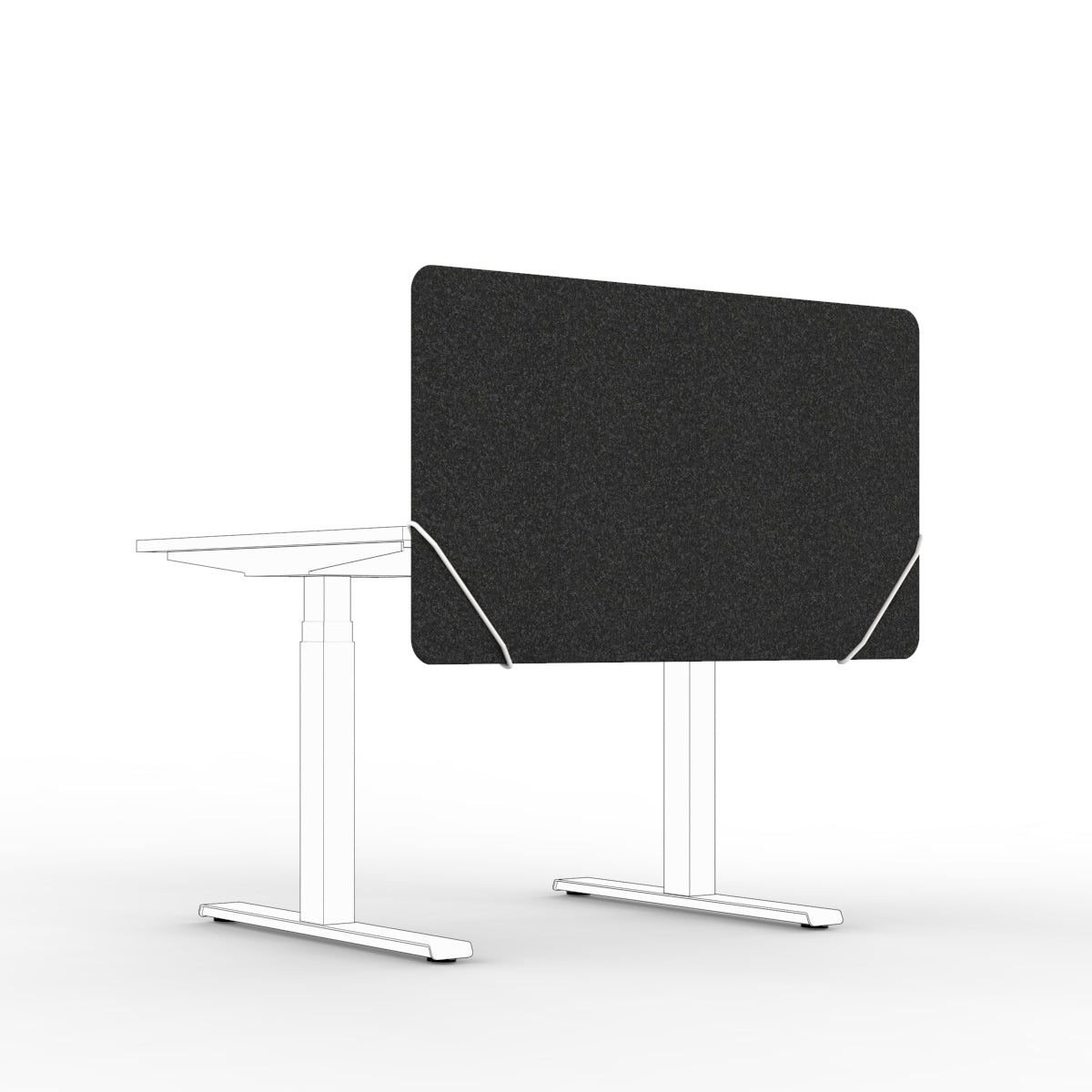 table screen sound absorber in black melange wool felt with white slide on table mounts. 