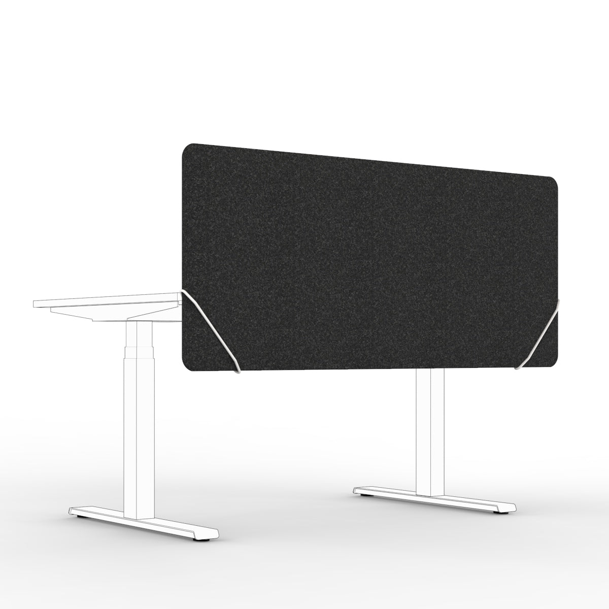Sound absorbing table divider in black melange with white slide on table mounts. Bordskjerm for skrivebord. Avskjerming og lyddemping på kontor