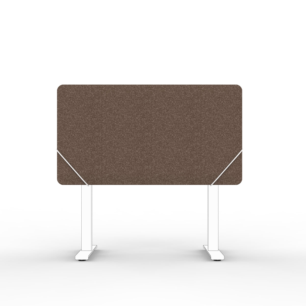 Table screen sound absorber in brown wool felt with white slide on table mounts. 