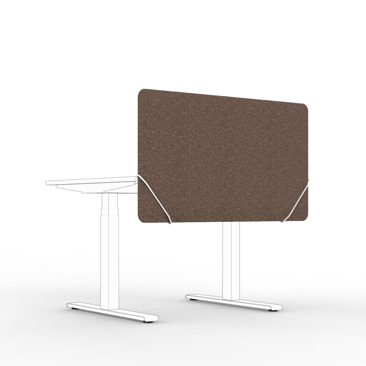 Table screen sound absorber in brown wool felt with white slide on table mounts. 