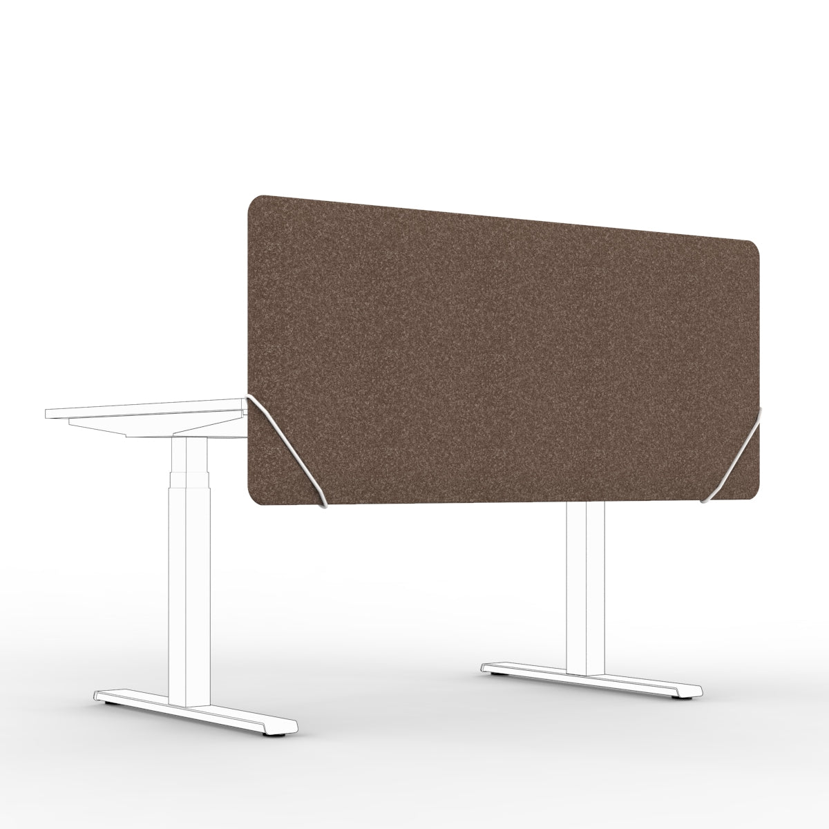 Sound absorbing table divider in brown felt with white slide on table mounts. Bordskjerm for skrivebord. Avskjerming og lyddemping på kontor