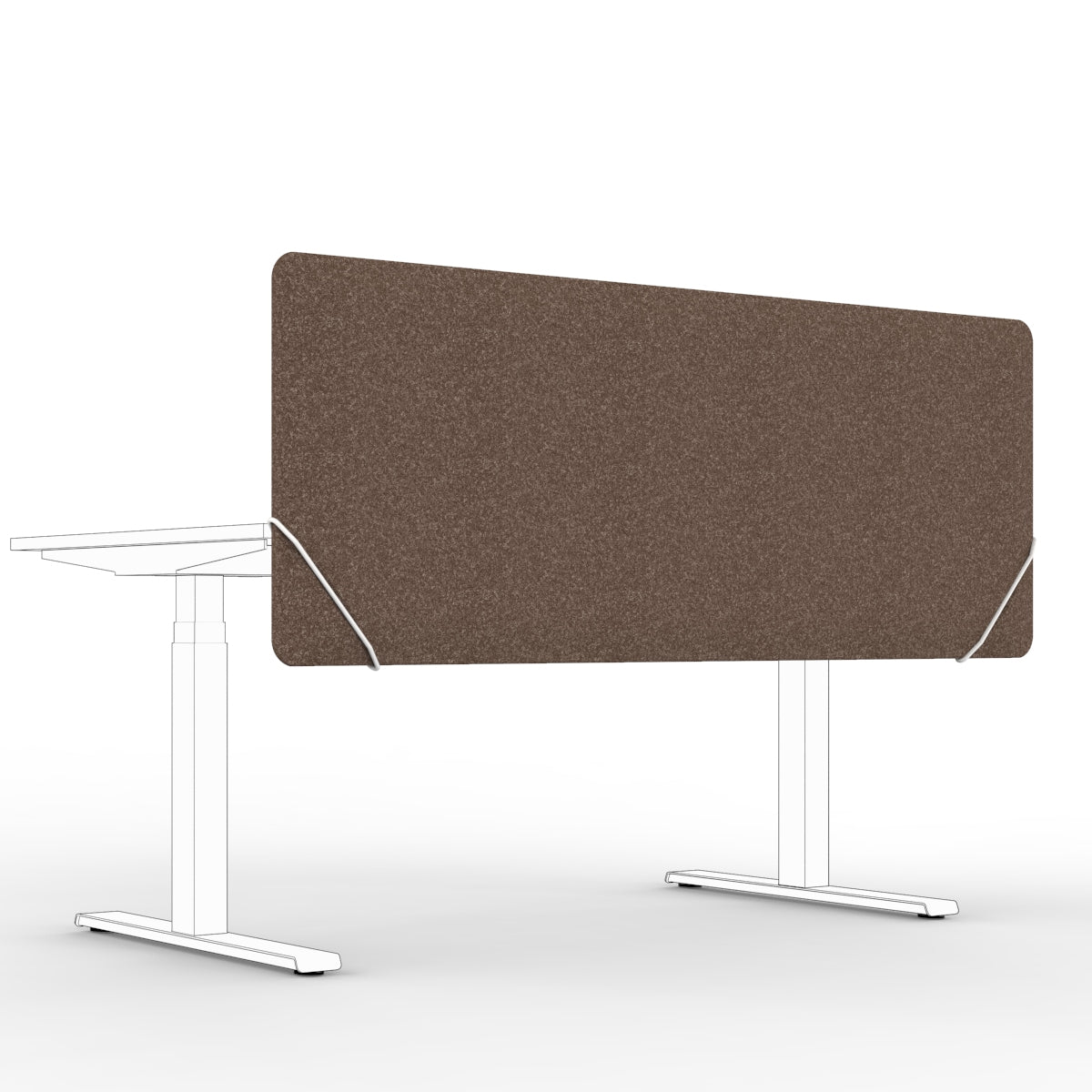 Sound absorbing table divider in brown with white slide on table mounts. Bordskjerm for skrivebord. Avskjerming og lyddemping på kontor