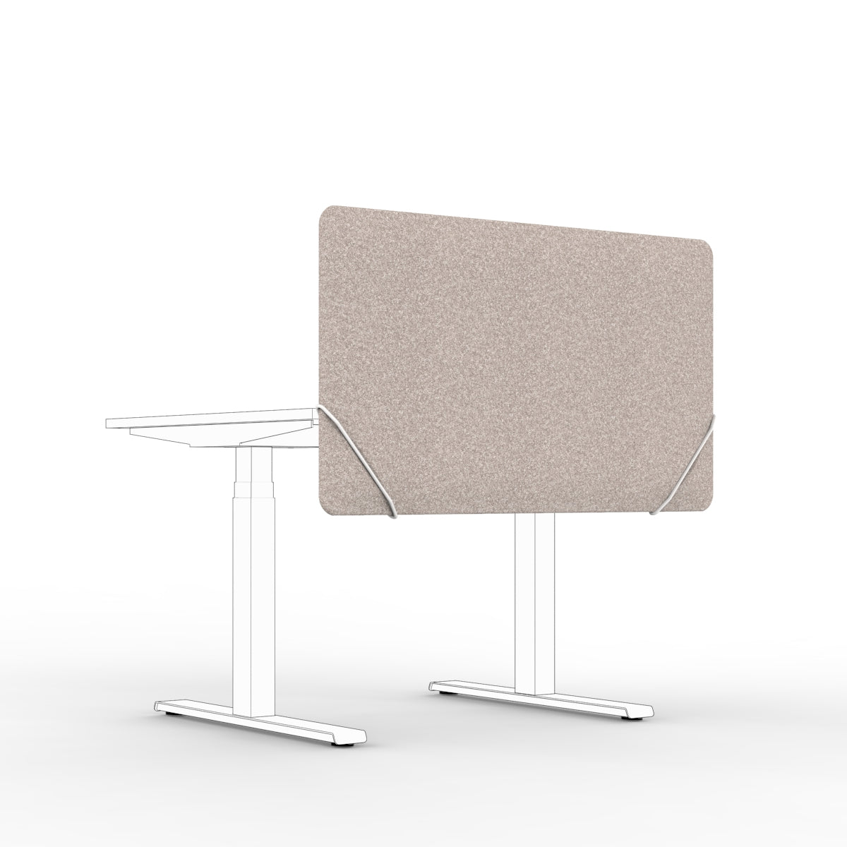 Table screen sound absorber in dark beige wool felt with white slide on table mounts. 