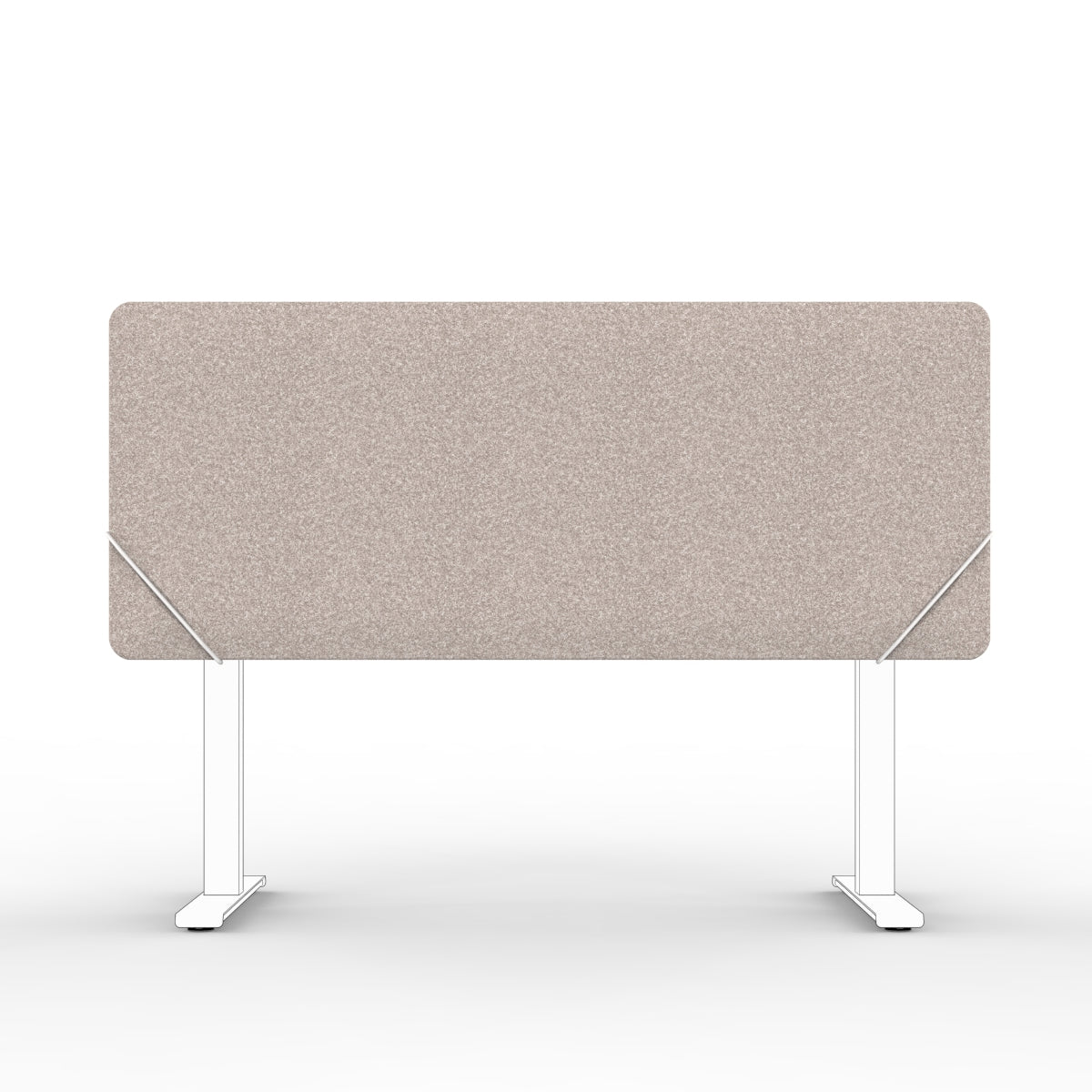 Sound absorbing table divider in dark beige with white slide on table mounts. Bordskjerm for skrivebord. Avskjerming og lyddemping på kontor