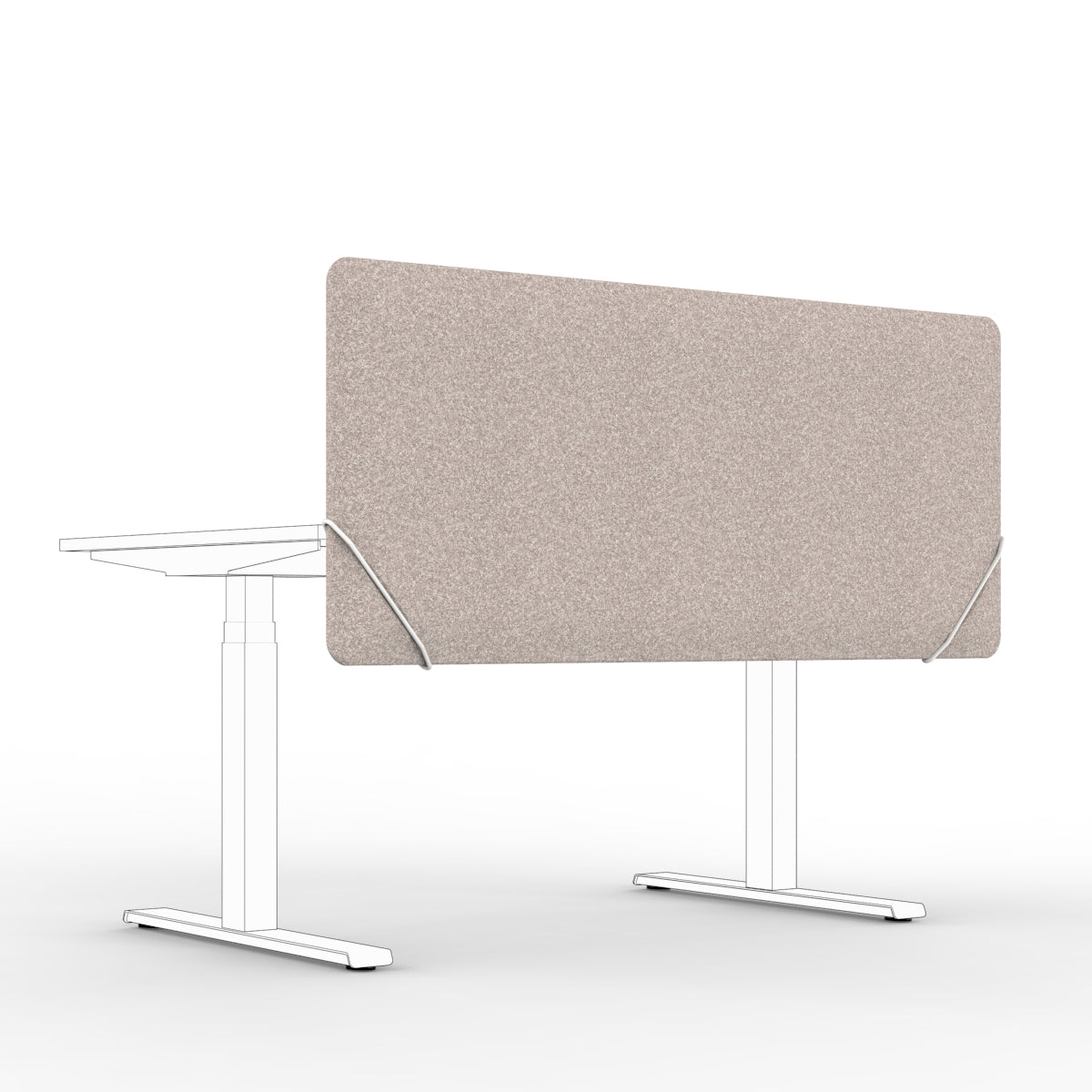 Sound absorbing table divider in dark beige with white slide on table mounts. Bordskjerm for skrivebord. Avskjerming og lyddemping på kontor