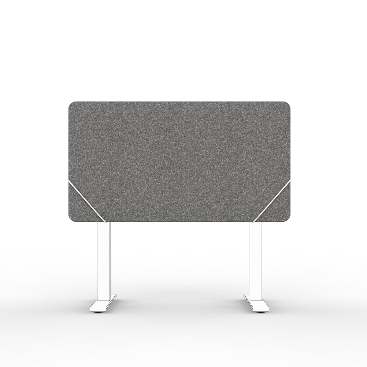 table screen sound absorber in dark grey wool felt with white slide on table mounts. 