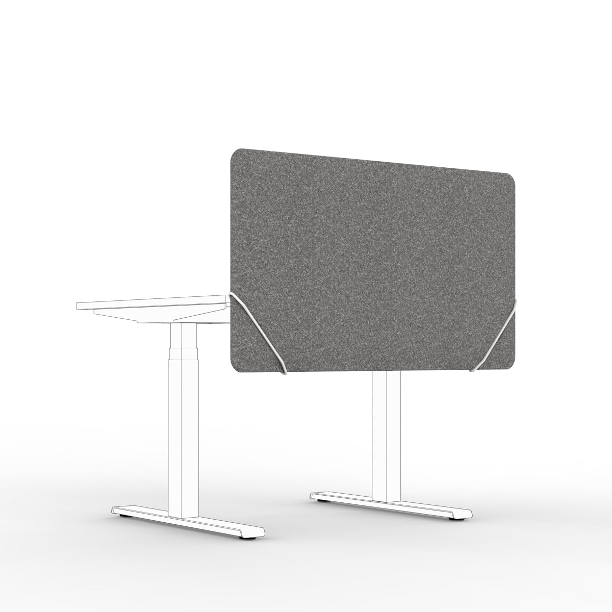 Table screen sound absorber in dark grey wool felt with white slide on table mounts. 