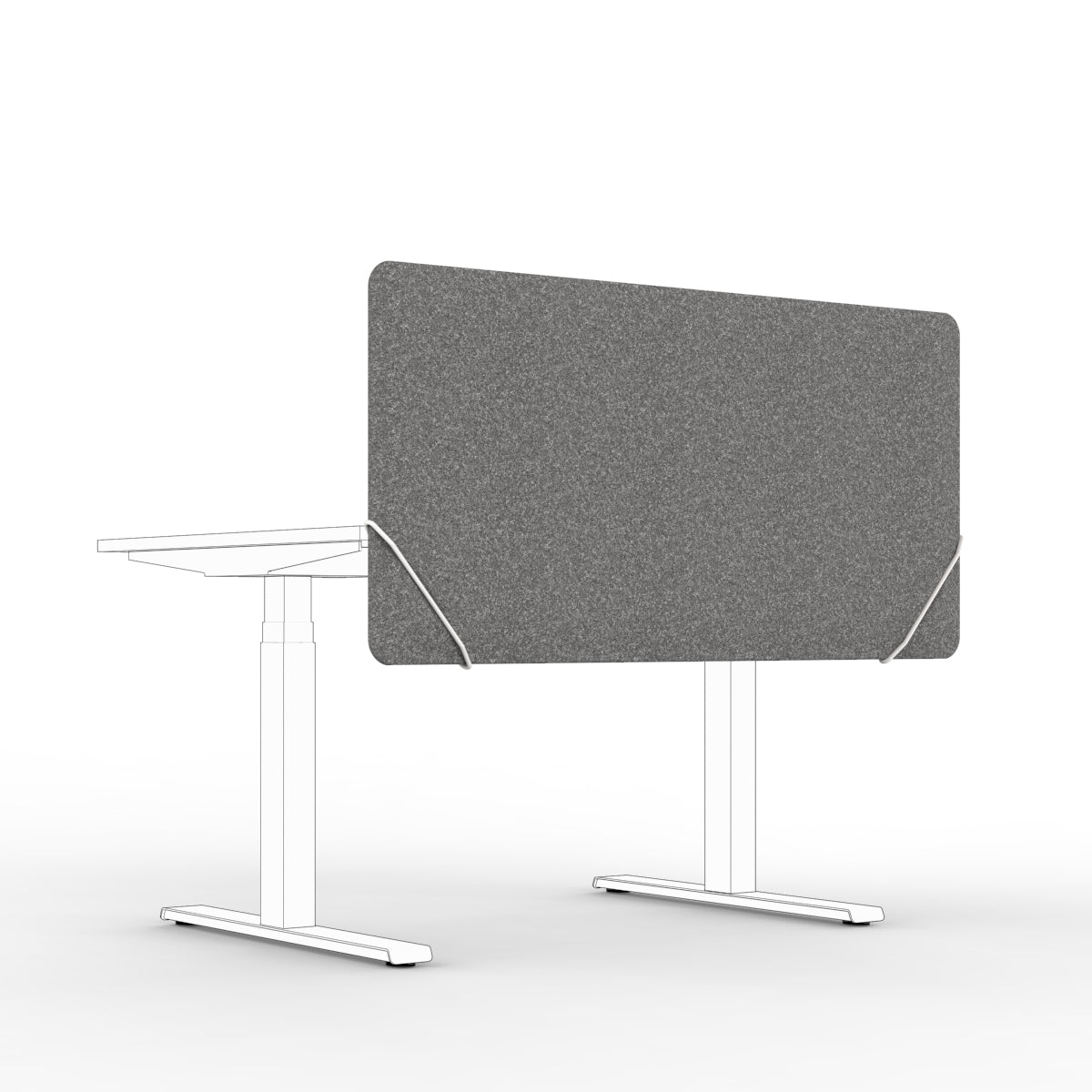 Acoustic textile felt, sound absorbing table divider with white slide on table mounts. Bordskjerm for skrivebord.  Avskjerming og lyddemping på kontor