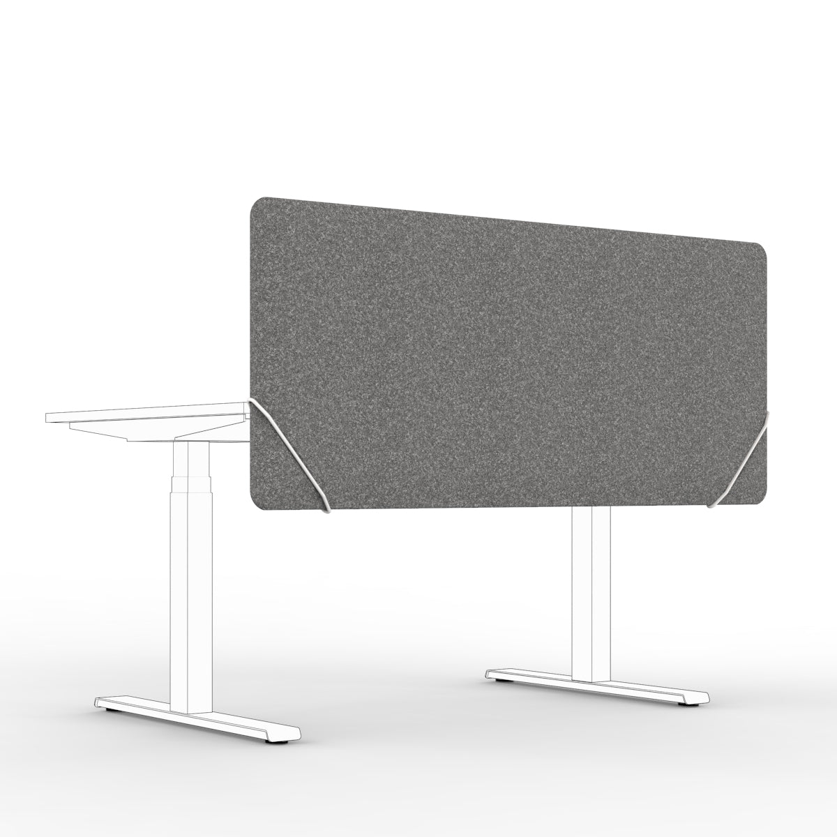 Sound absorbing table divider in dark grey felt with white slide on table mounts. Bordskjerm for skrivebord. Avskjerming og lyddemping på kontor