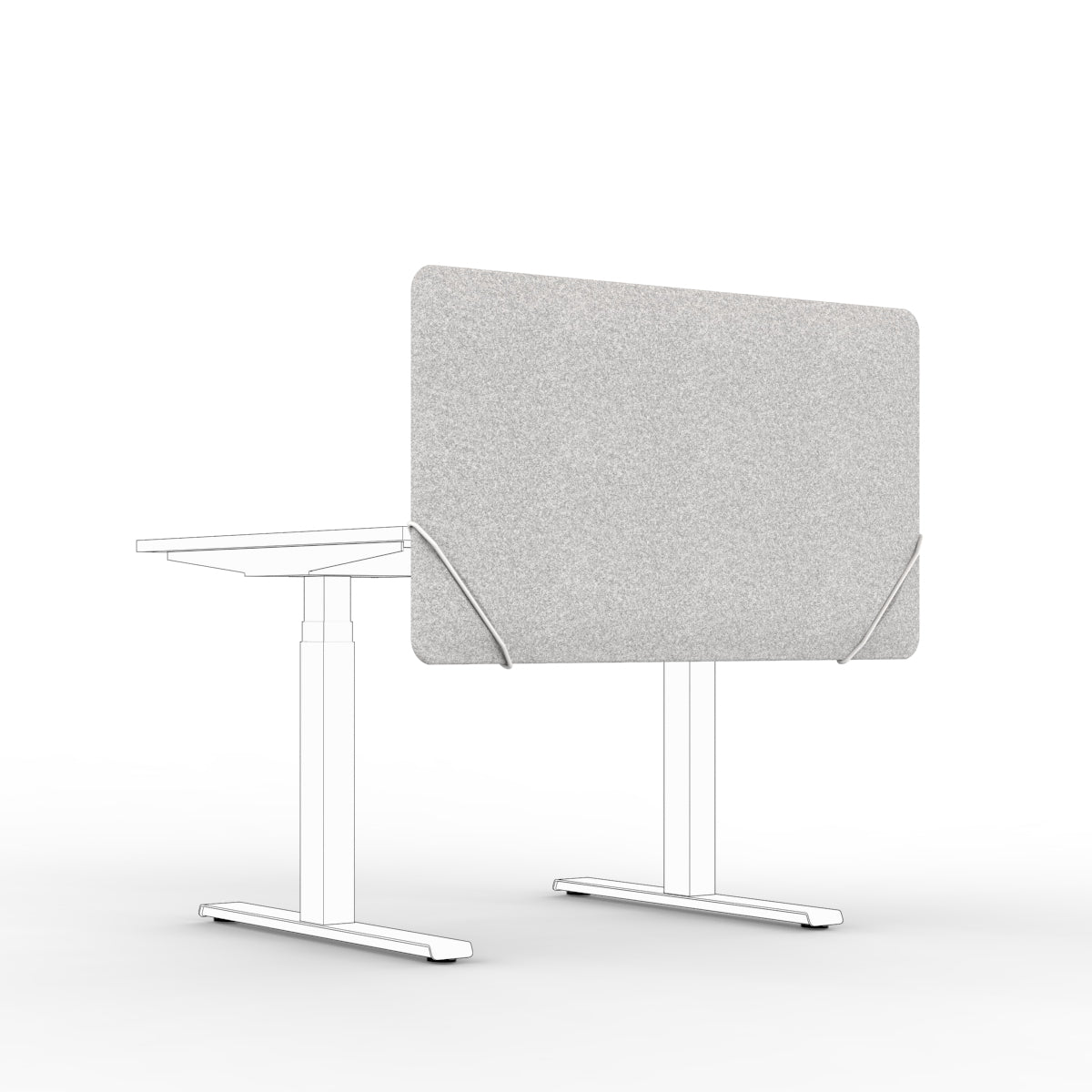 Table screen sound absorber in light grey wool felt with white silde on table brackets. 