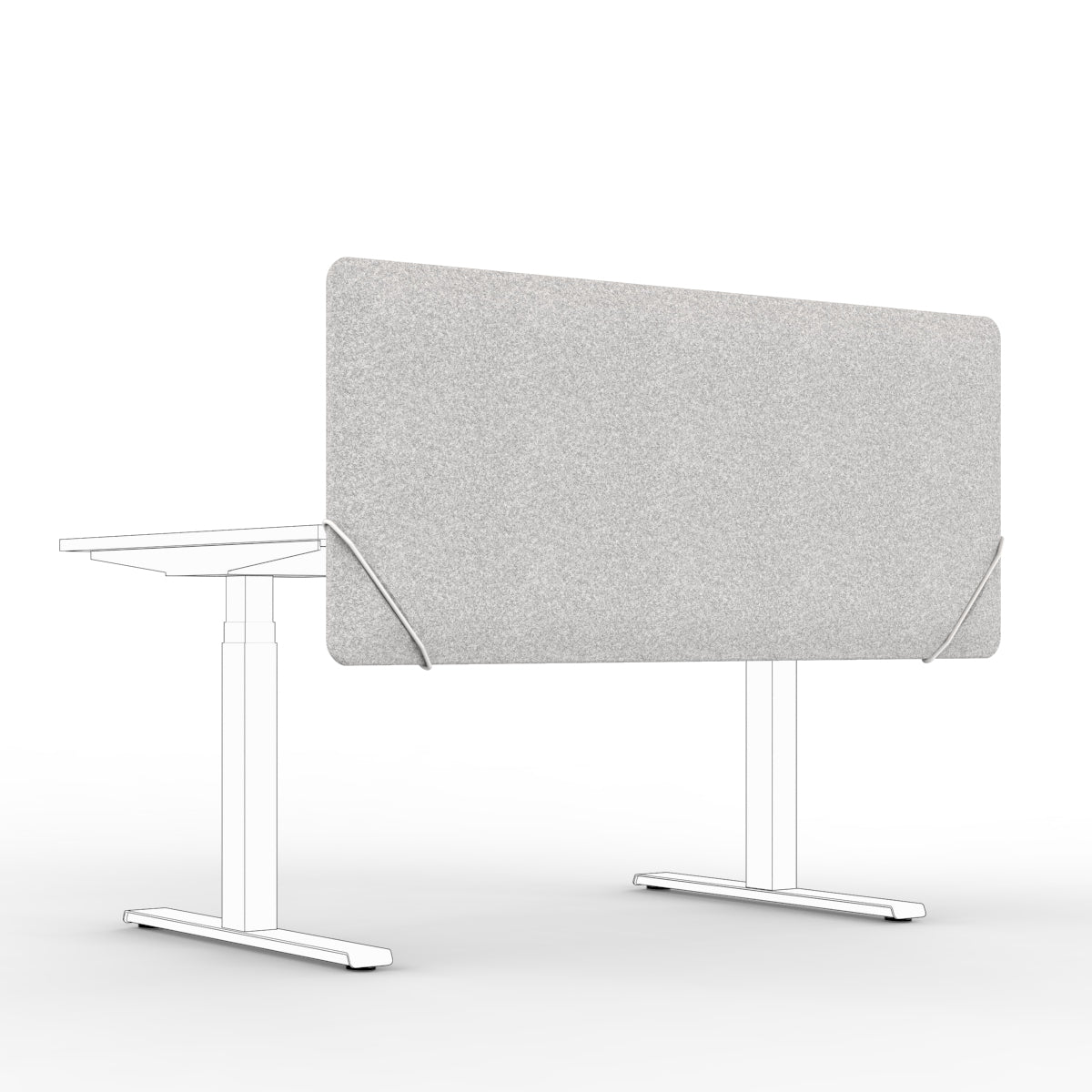 Sound absorbing table divider in light grey felt with white slide on table mounts. Bordskjerm for skrivebord. Avskjerming og lyddemping på kontor