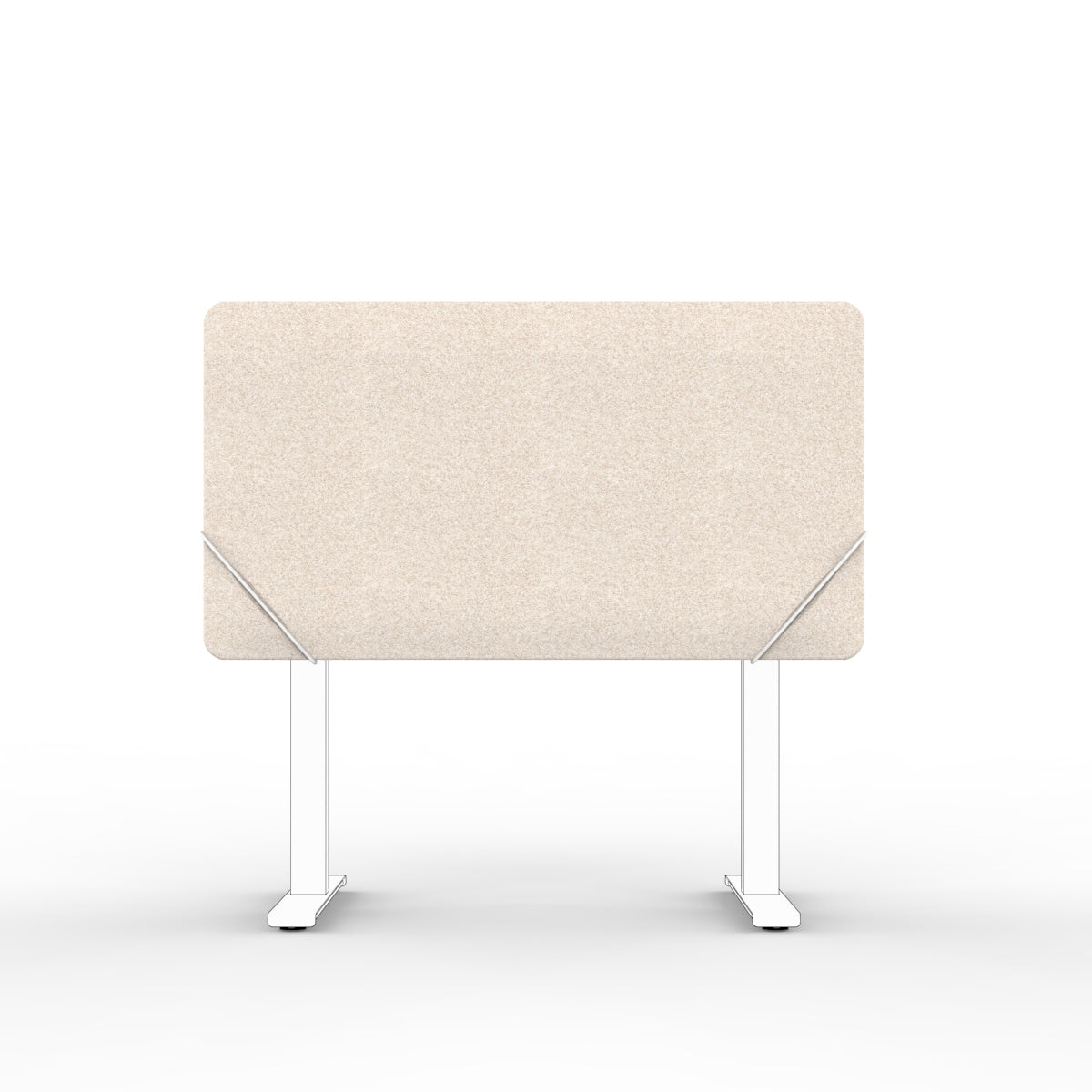 Table screen sound absorber in natural beige wool felt with white slide on table mounts. 