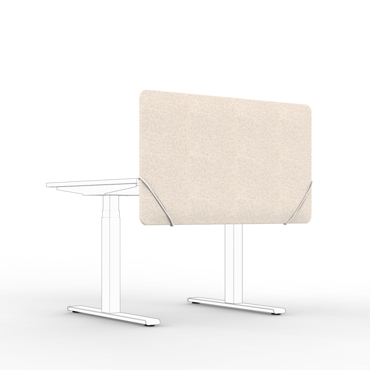 Table screen sound absorber in natural beige wool with white slide on table mounts. 