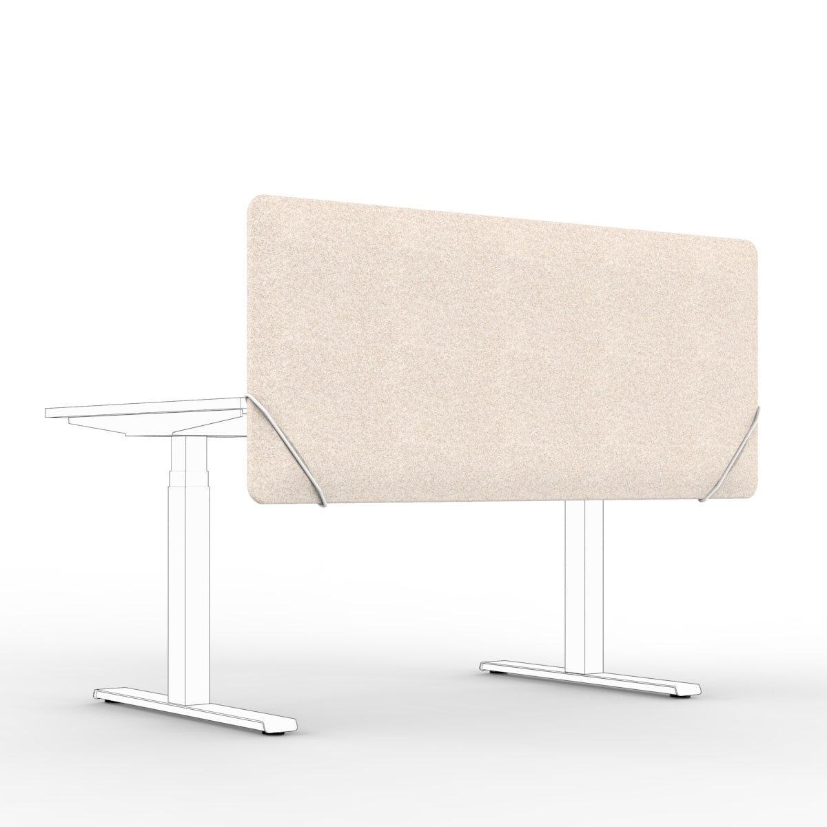 Sound absorbing table divider in natural beige with white slide on table mounts. Bordskjerm for skrivebord. Avskjerming og lyddemping på kontor