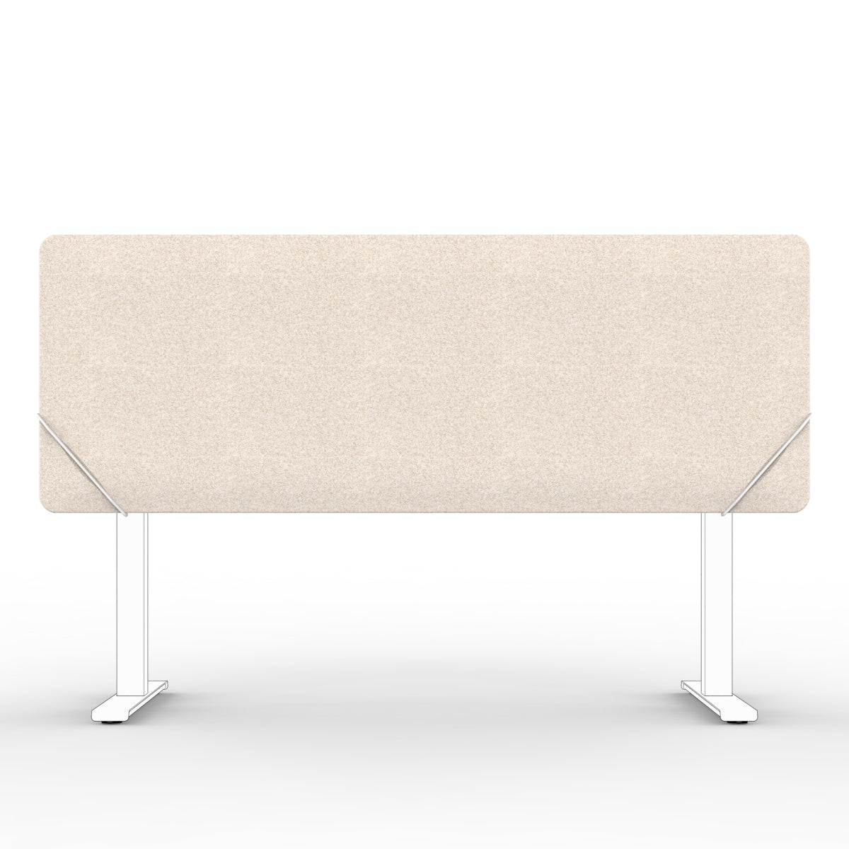 Sound absorbing table divider in natural beige acoustic felt with white slide on table mounts. Bordskjerm for skrivebord. Avskjerming og lyddemping på kontor